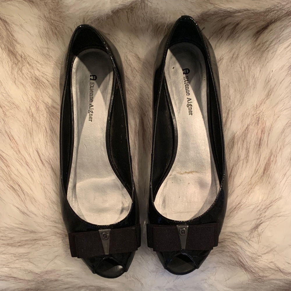 Etienne Aigner Black Peep-Toe Heels with Bow Accent